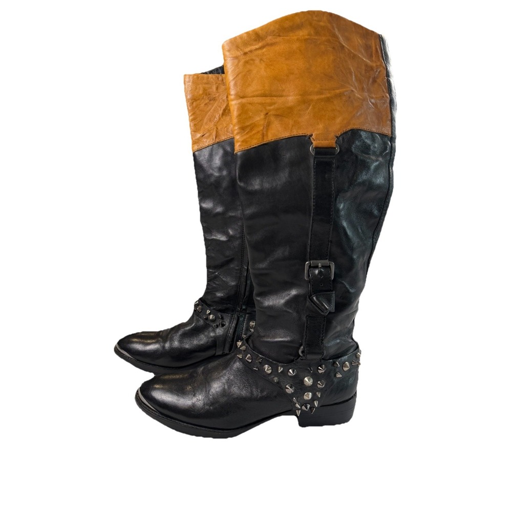 Sam Edelman 8.5 'Park' Two‎ Tone Leather Knee High Spike Stud Belted Riding Boot